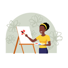 female artist painting on canvas flat illustration