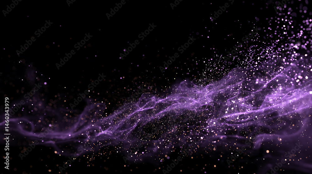 Poster Abstract purple particle effect, swirling particles magic visual effect layer overlay isolated black and