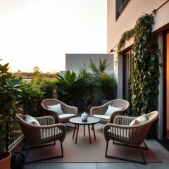 Fototapeta premium Modern balcony seating with lush plants and cozy woven chairs at dusk