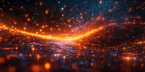 Obraz premium Cybersecurity firewall concept depicting interconnected digital particles in an abstract landscape at night