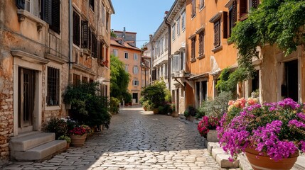 Fototapeta premium Winding cobblestone street lined with vibrant buildings and flowers