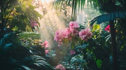 Naklejka premium Lush tropical garden bathed in morning sunlight.