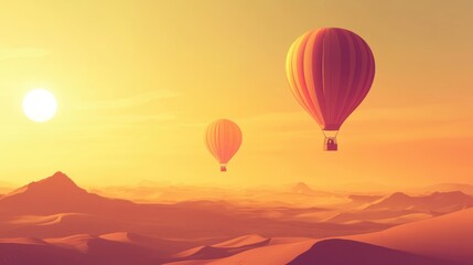 Two hot air balloons soar over a desert landscape at sunrise.