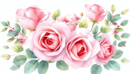 Watercolor pink roses and eucalyptus with soft sunlight on white backg