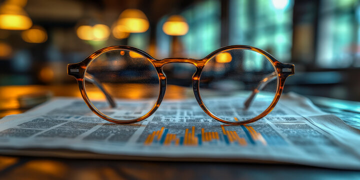 Reading financial news in a cozy cafe setting with glasses resting on newspaper