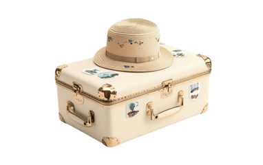 Travel suitcase adorned with destination stickers and a straw hat, ready for adventure isolated on white background PNG