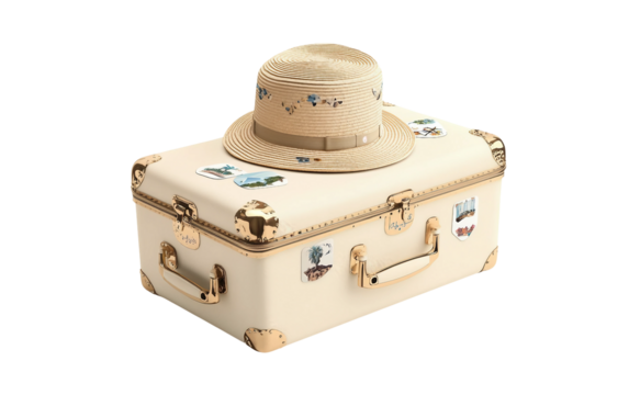 Travel suitcase adorned with destination stickers and a straw hat, ready for adventure isolated on white background PNG