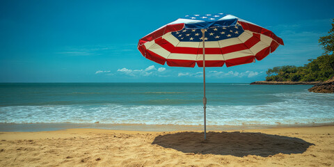 Enjoying patriotic activities under a flag beach umbrella on a sunny day by the ocean