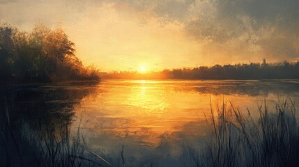 Fototapeta premium Golden sunrise over a tranquil lake landscape.