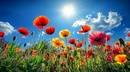 Fototapeta premium Vibrant poppy field under a bright summer sky.