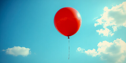 Lost red balloon floats away into the blue sky during a festive parade afternoon