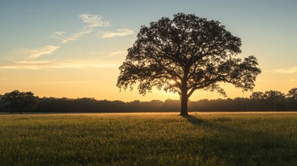 Naklejka premium Silhouette of a large tree at golden hour in a grassy field.