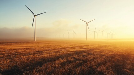 Obraz premium Sunrise view of wind turbines in a golden field.