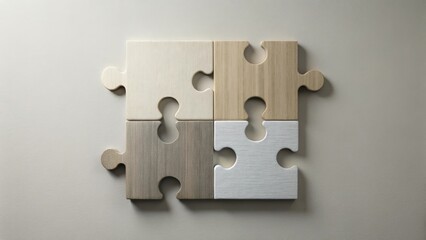 Fototapeta premium Four Wooden Puzzle Pieces Interlocking to Form a Complete Whole, Representing Unity, Collaboration, and Shared Success