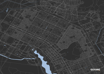 Detailed vector map of roads, waterways and buildings in goyang, south korea with a dark theme.