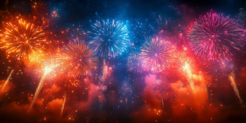 Spectacular multiple simultaneous bursts light up the night sky with vibrant colors during a fireworks finale