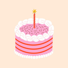 Vector illustration of cute pink birthday cake with cream and a candle. Ideal for greeting cards, invitations, party supplies, social media posts, printable crafts, website headers etc