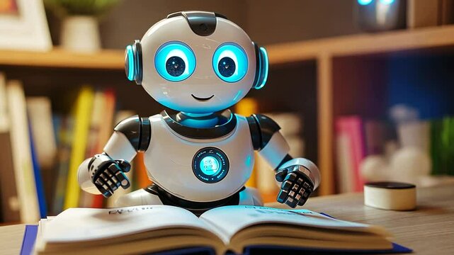 A cheerful robot reading a book in a cozy, colorful room filled with shelves of books