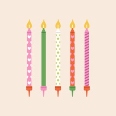 Vector illustration of birthday candles set. Good for prints, greeting card and stationery design, party invitations, and other celebratory materials. Colorful design, various ornaments. 
