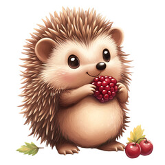 A Cartoon Hedgehog Nibbling on a Berry Isolated on Transparent Background