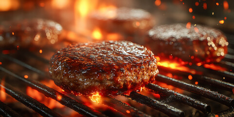 Sizzling burgers cook over an open grill during a summer BBQ cookout with friends and family enjoying the outdoor feast