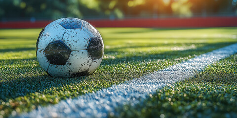 Soccer ball resting on the pitch during a bright sunny day at a training facility for fitness enthusiasts