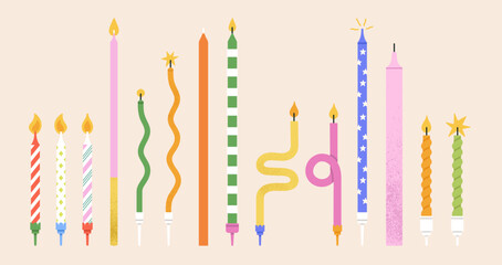 Vector illustration of birthday candles set. Good for prints, greeting card and stationery design, party invitations, and other celebratory materials. Colorful design, various forms and ornaments.