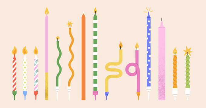 Vector illustration of birthday candles set. Good for prints, greeting card and stationery design, party invitations, and other celebratory materials. Colorful design, various forms and ornaments. - Powered by Adobe