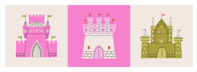 Posters set of cute fairy-tale castles with turrets and flags. Perfect for children's books, prints, greeting cards, branding, travel brochures or fantasy-inspired designs. Vector illustration. © Busy Lola