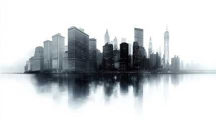 Obraz premium Glowing Manhattan skyline at dusk, tall buildings against the twilight, waterfront shimmer, wide view, pure white background, urban iconography. 