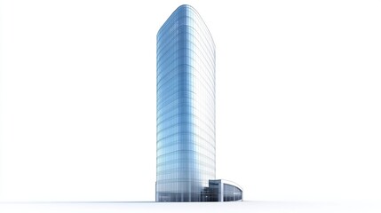High-rise office building featuring a streamlined design and reflective glass panels, standing prominently on a white background.  