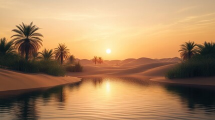 Golden desert oasis at sunset reflecting the sun.