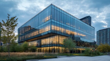 Obraz premium High-rise office building with glass windows and sharp architectural lines, walls reflecting the urban skyline in a contemporary design. 
