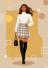 Sleek vector flat illustration of a stylish woman in a stylized fashion model. Editorial fashion with a modern, minimalist aesthetic. Perfect for contemporary designs