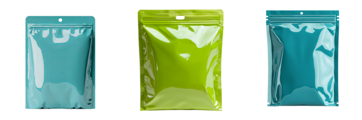Png of Three vibrant, glossy packaging bags in turquoise and lime green, perfect for showcasing products stylishly.