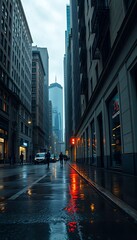 Obraz premium wet city street with people walking on it