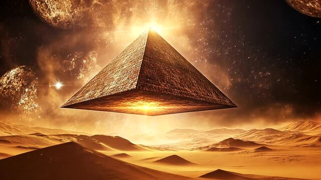 A glowing pyramid hovers over a barren landscape with celestial bodies in the background