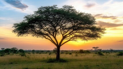 Silhouette of a large tree at golden sunset over a savanna.