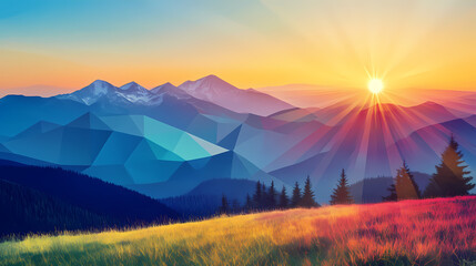 Obraz premium Geometric landscape with shining sun and distant mountain range. [Solar Echoes] | Prism Radiance | fractured dawn. Illustration