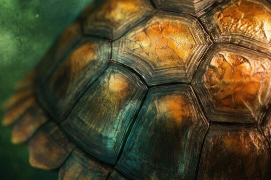 Close-up view of a turtle's shell, showcasing intricate patterns and textures.
