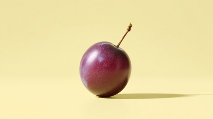 Purple plum on pale yellow background, showcasing single fruit minimalist composition, ideal for food blog, healthy eating, or product photography