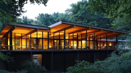 Obraz premium Modern home with large roof overhangs shading balcony area