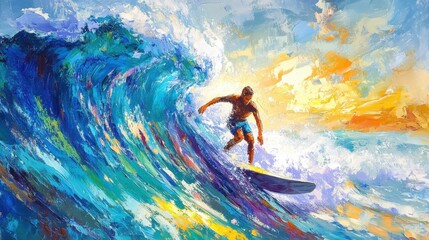 Fototapeta premium Colorful abstract painting of a surfer riding a wave.