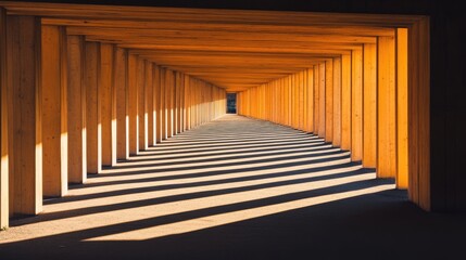Fototapeta premium Outdoor hallway with alternating shade and light through slats