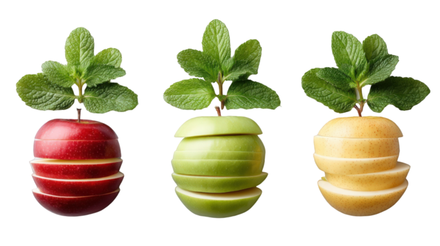 Three creatively sliced apples in vibrant colors with fresh mint leaves, isolated on white