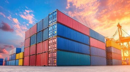 Fototapeta premium Shipping containers stacked at port, symbolizing carbon-tracked imports