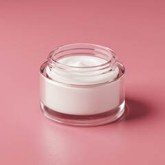Open clear glass cosmetic jar mockup on plain pink background, direct front view. Simple minimalist beauty product container display. Blank branding template.