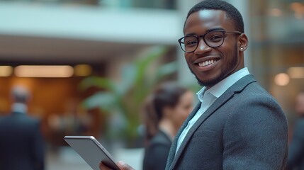 Fototapeta premium Man in a sleek suit smiling while holding a tablet, mid-angle view, blurred office background with colleagues interacting. 