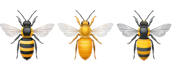 Three distinct bee species showcasing their unique colors and patterns against a white background