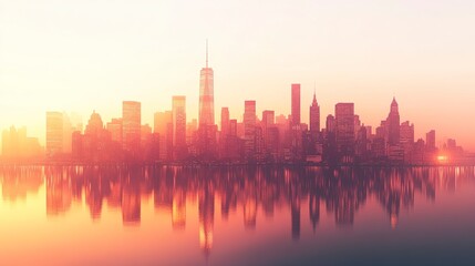 Fototapeta premium Manhattan dusk skyline, skyscrapers glowing warmly, waterfront shimmer, isolated on white background, showcasing iconic urban beauty. 